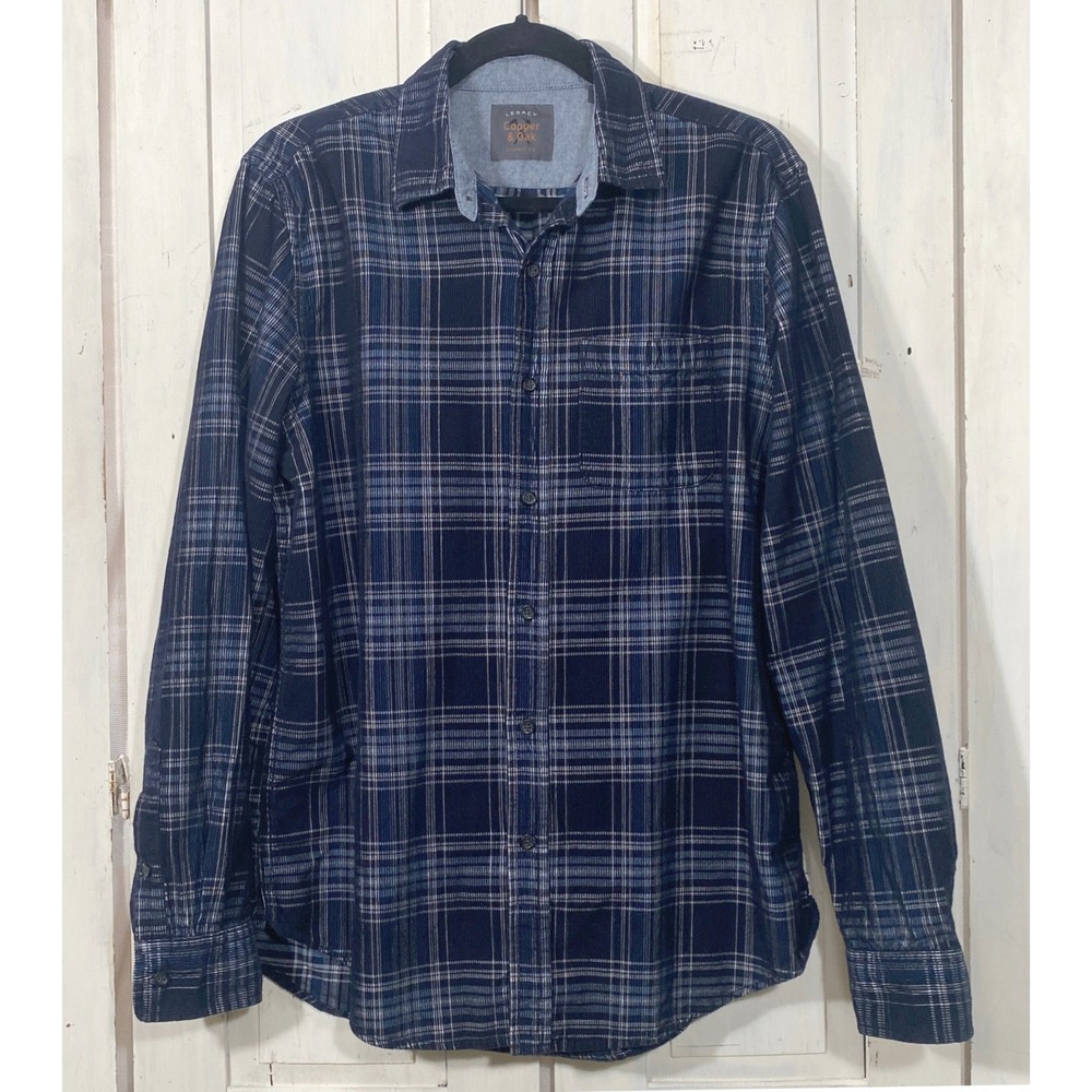 Copper & Oak Mens Blue Plaid Corduroy Button Down Shirt Med Cabincore Hipster